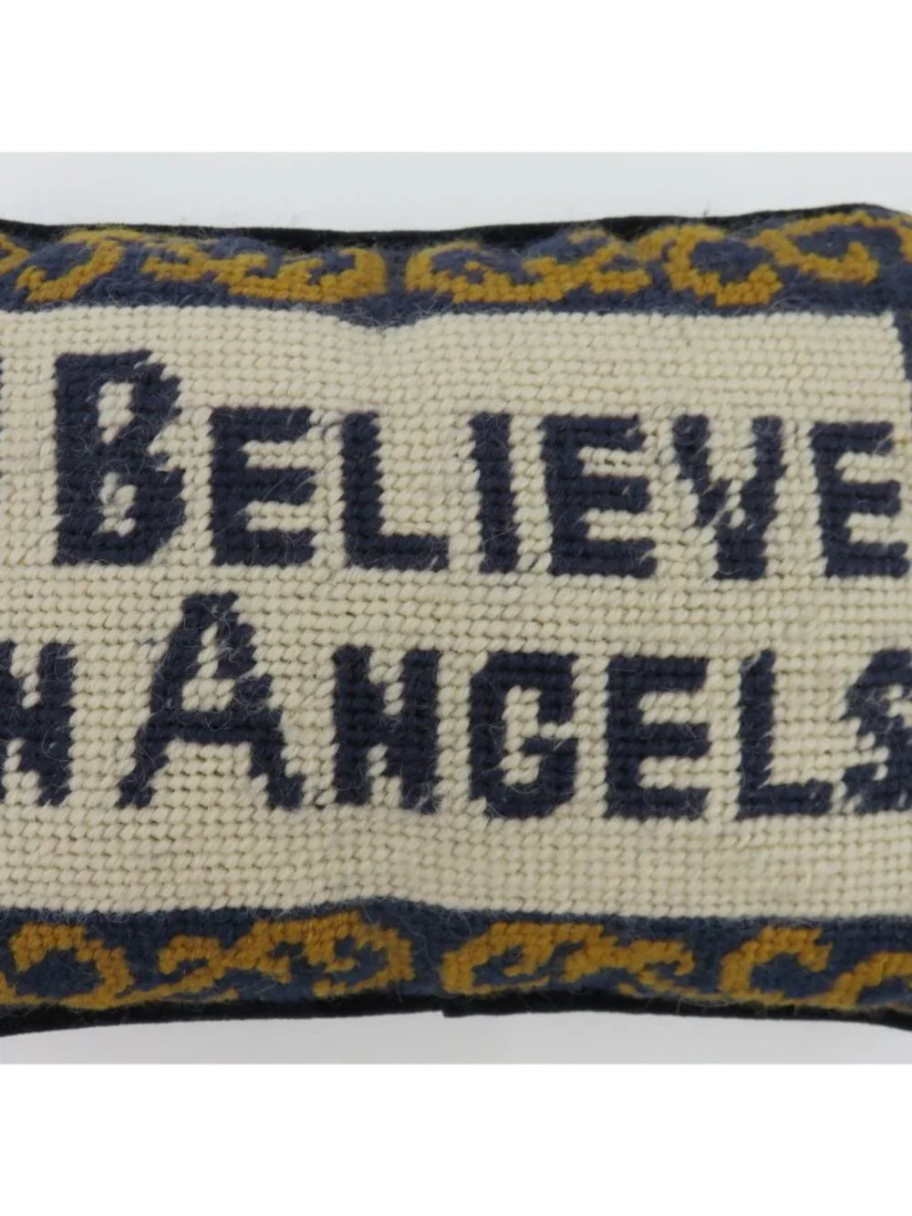 I Believe in Angels Wool Needlepoint Gold Scroll Blue Velvet Throw Pillow VTG